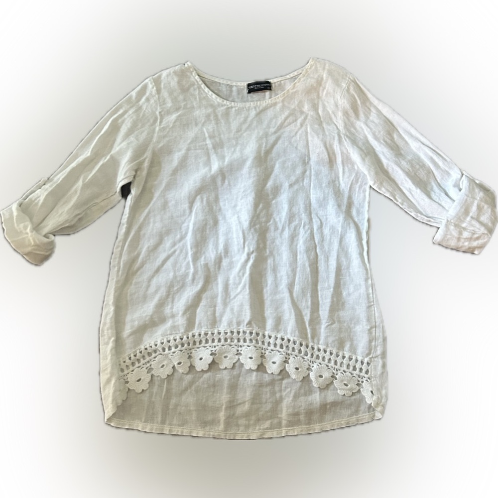 Terzo Millennio Top Size S White 100% Linen High/Low Embroidered Hem Tunic Italy